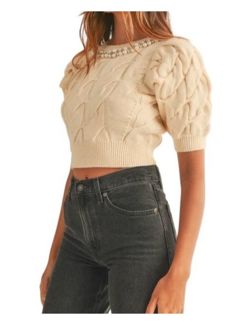 Mable Elias Pearl & Rhinestone Embellished Cable Knit Cropped Sweater Medium